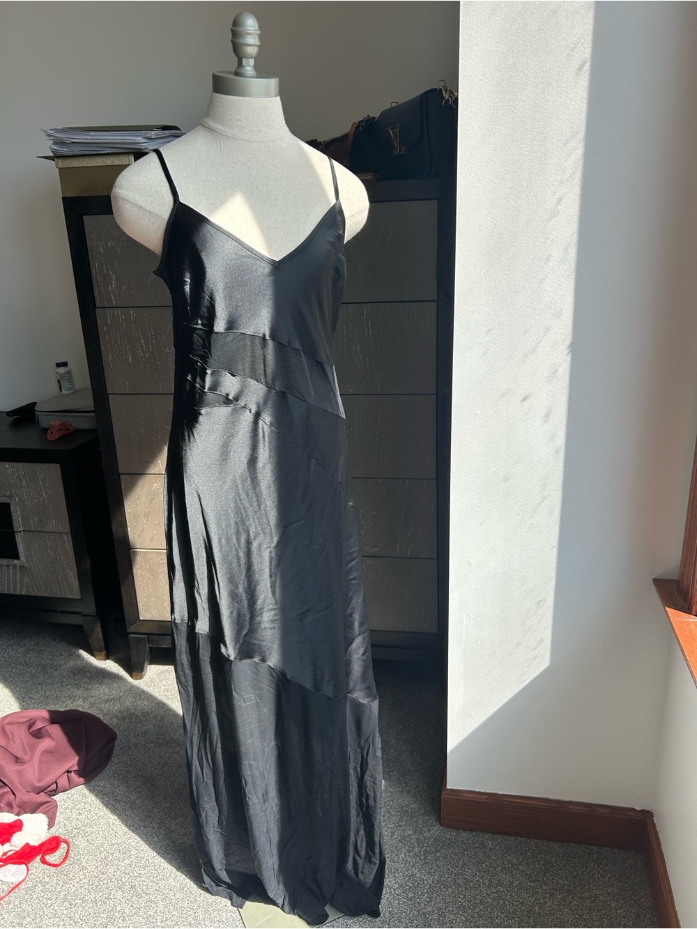 French Connection Black Satin Slip Dress with Label Detail